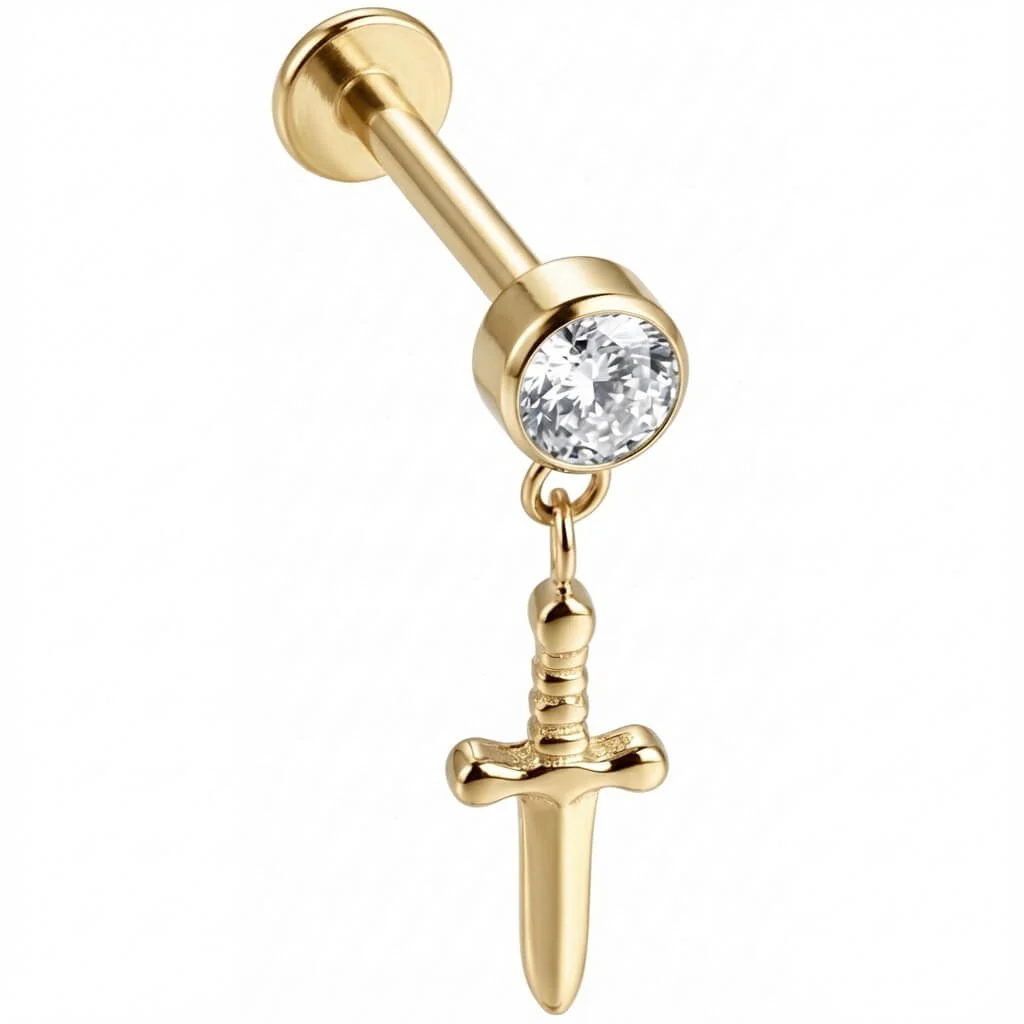 Titane Labret Pendentif Poignard et Cristal Clair Filetage Interne - Image 3