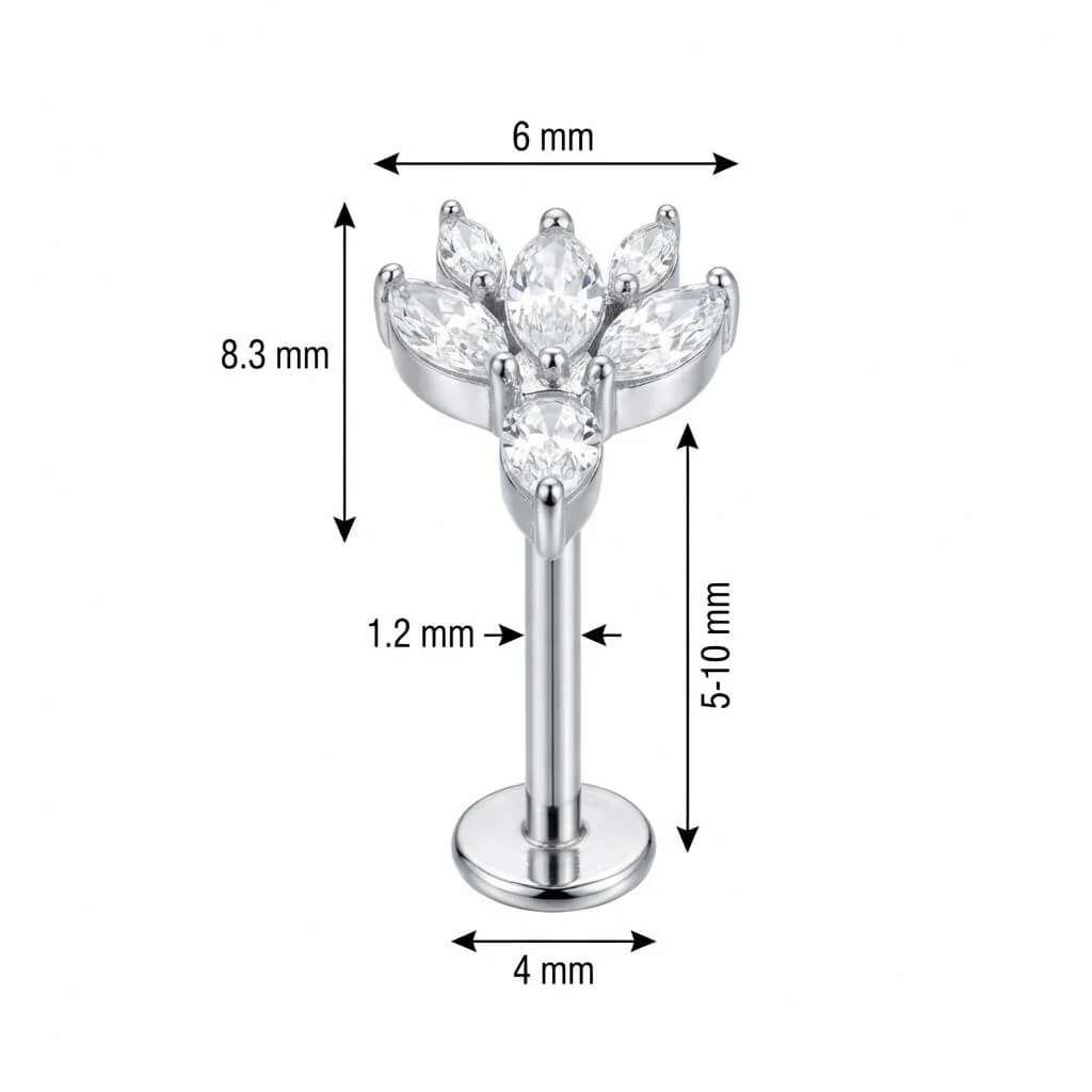 Titane Labret Fleur Lotus Cristaux Marquise Filetage Interne - Image 2