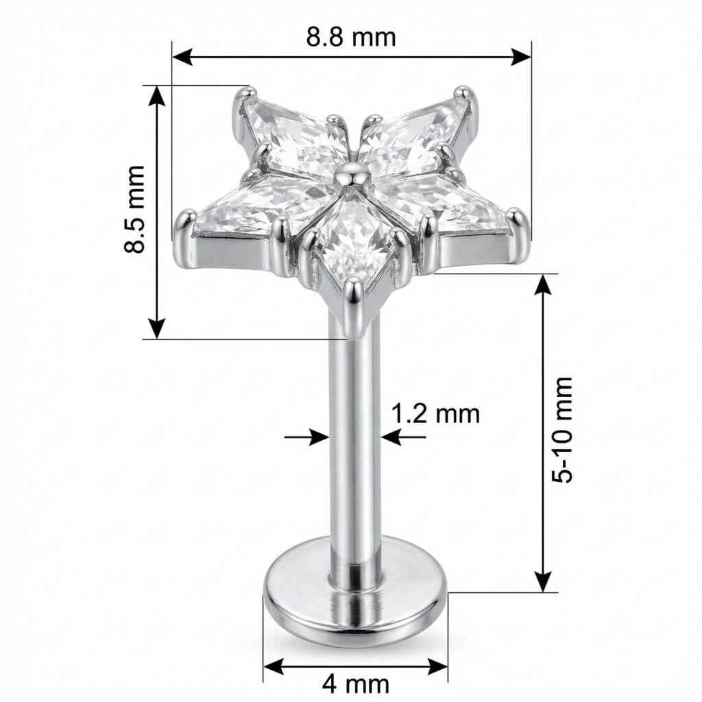 Titane Labret Étoile à Cinq Cristaux Filetage Interne - Image 2