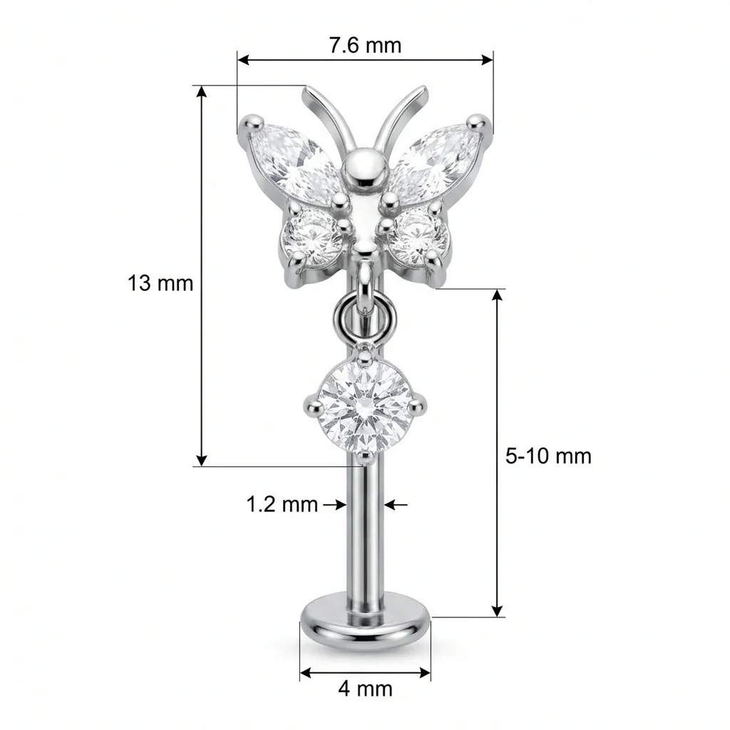 Titane Labret Papillon Scintillant avec Pendentif Filetage Interne - Image 2