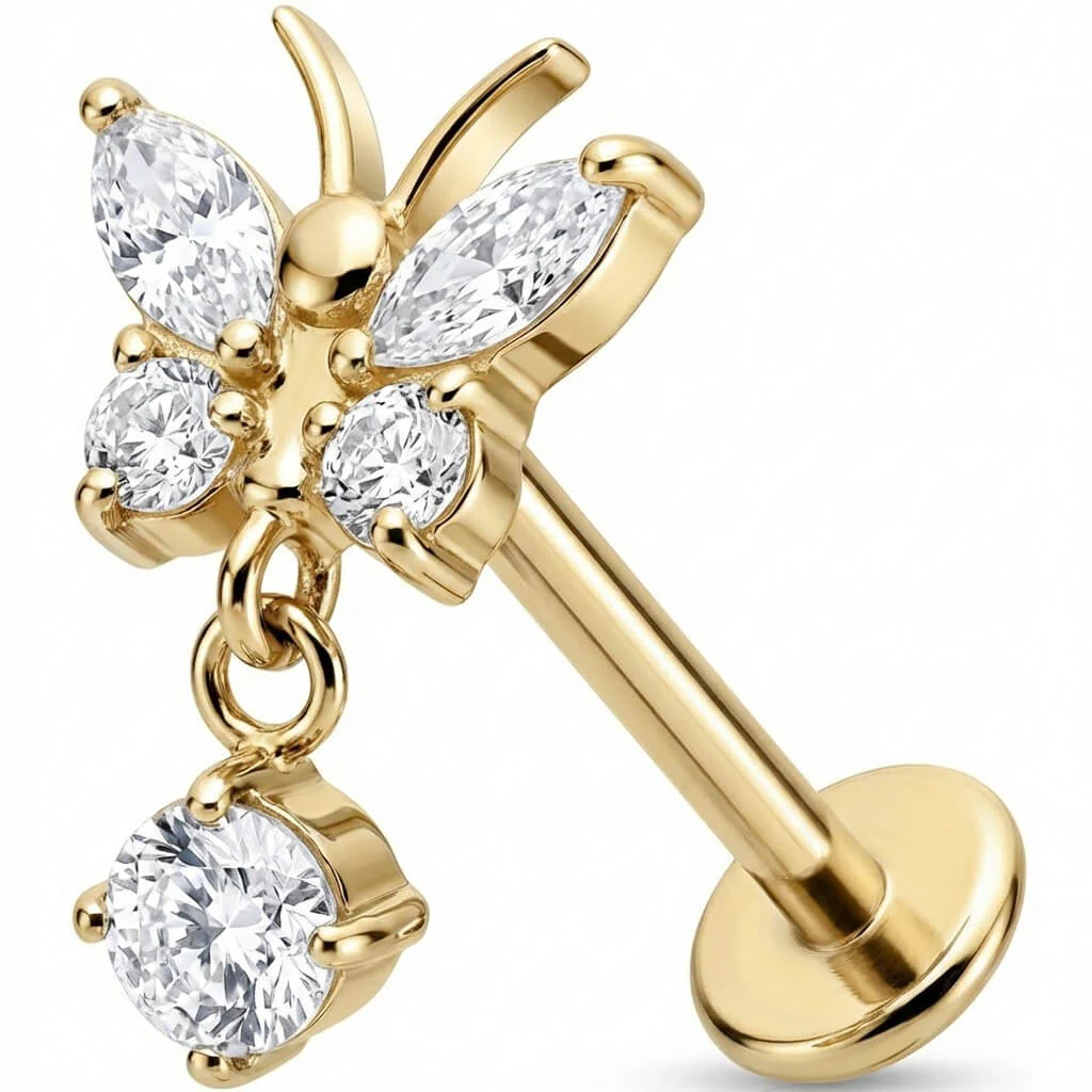 Titane Labret Papillon Scintillant avec Pendentif Filetage Interne - Image 3